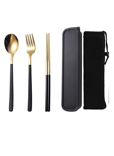 اشتري Travel Cutlery Set, Stainless Steel Cutlery Set Portable Camp Reusable Flatware ware,Include Fork Spoon Chopsticks with Case for Hiking Traveling Camping or School Lunch Gold في السعودية