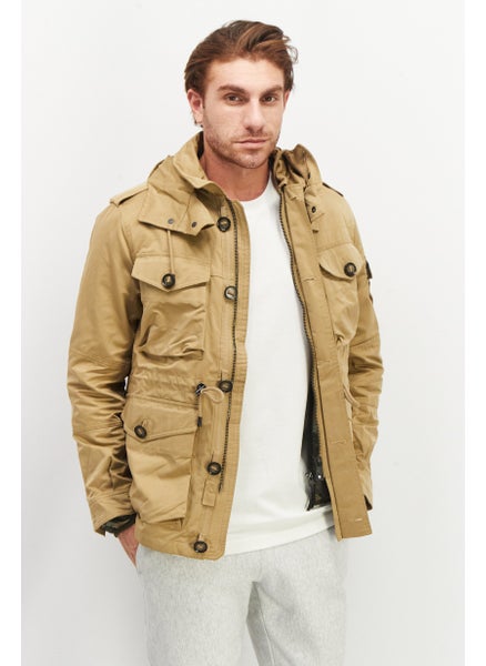 اشتري Men Solid Long Sleeves Hooded Jacket, Tan في الامارات