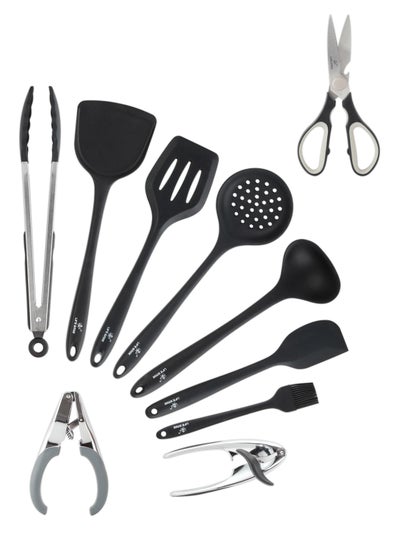 Buy Kitchen Utensils Silicone 10-Pieces Spatula Set with Scissor, Non-Stick Cookware Non-Toxic Cooking Tools Includes Tongs, Spatula, Turner, Ladle, and More (Black) in UAE