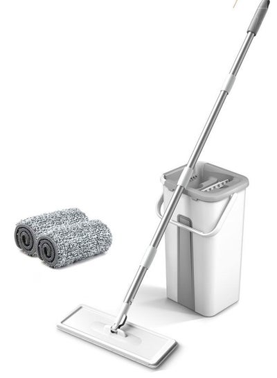 Buy Microfiber Floor Cleaning Mop Set With Bucket And Refill Roller Grey/White/Silver in Saudi Arabia