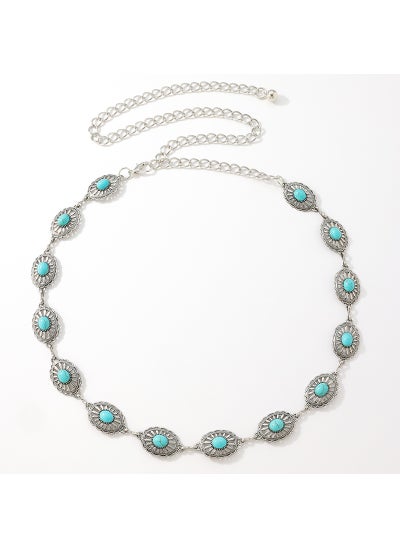 Buy Ladies Hollow Turquoise Metal Waist Chain with Pearl Bohemian BeltSilver + Green Silver + Green in UAE