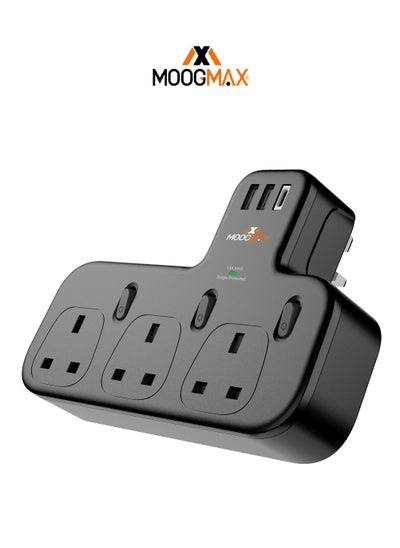 Buy Multi-purpose wall socket with 3 plugs and 3 charging ports, featuring powerful performance and safe electricity delivery from Mooxmax in Saudi Arabia