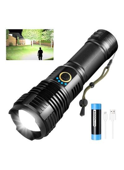 Buy Rechargeable Led Flashlights High Lumens, 90000 Lumens Super Bright Tactical Flashlight with 5 Light Modes and 26650 Battery Zoomable Waterproof for Hiking Camping Cycling black in UAE