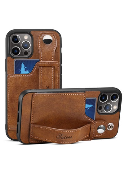 Buy Leather Phone Case for iPhone 13 Pro Max with Card Wallet and Wristband Brown in Saudi Arabia