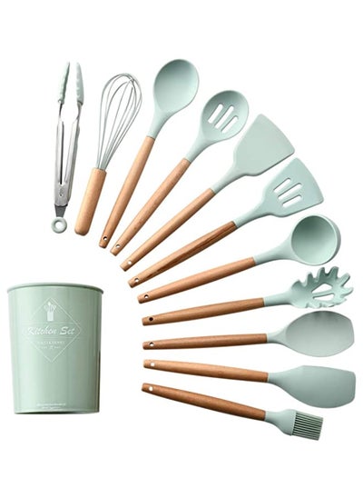 Buy 12PCS Kitchen Utensil Set Silicone Cooking Utensils Kit Spatula Heat Resistant Wooden Spoons Gadgets Tool for Non-Stick Cookware (Light Green) in UAE