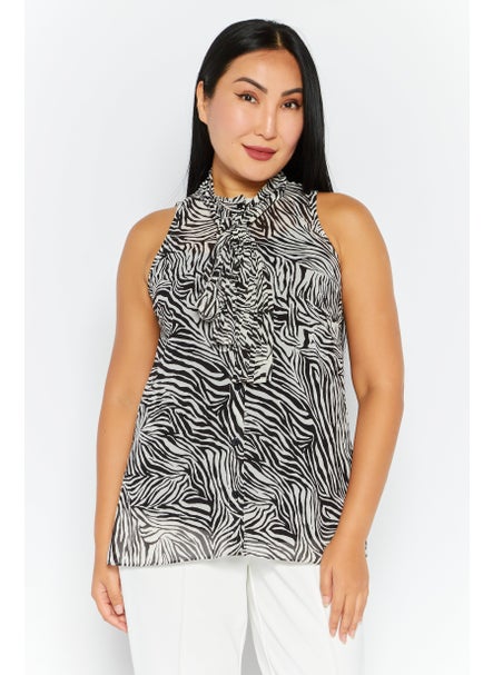 Buy Women Round Neck Sleeveless Allover Print Top, Black/White in UAE