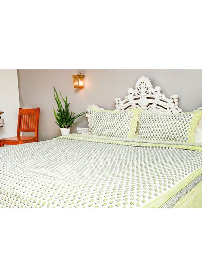 Buy King Size Green And White Hand Block Printed on Premium Organic Cotton Bed Sheet (with 250 TC) in UAE