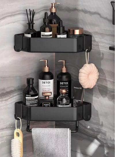 Buy 2-Piece Bathroom Rack Shower Shampoo Organizer Wall Mounted Storage Rack And Hooks And Towel Rack Black 33x25x5.2 Centimeter in UAE
