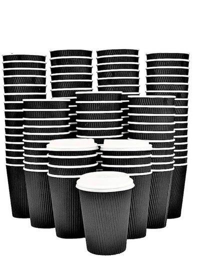Buy 50-Piece 8 Oz Disposable Black Ripple Cups with White Lids in UAE