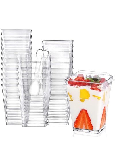 Buy Plastic Dessert Cups with Plastic Lids and Spoons, 50 Pack Square Appetizer Cups Small Clear Plastic Tumbler Cups Set for Party Mini Dessert Puddings Mousse 5 Oz in UAE