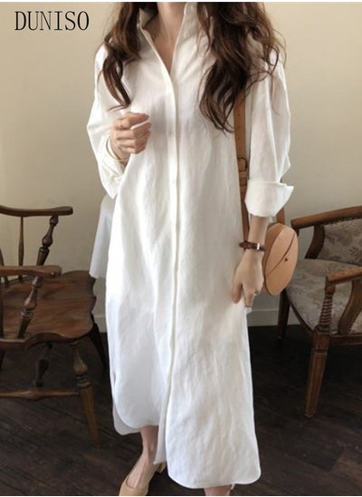 Buy Women Elegant Casual Summer Spring Button Down Front Long Sleeve Maxi Dress Long Cardigan Cover Ups Shirt Dresses in Saudi Arabia