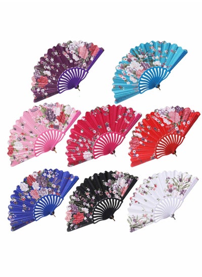 اشتري 8 Pack Folding Fans Chinese Fan Spanish Floral Folding Hand Fan Vintage Handheld Lace Folding Fan with Different Patterns Fabric Folding Fan for Wedding Dancing Party في الامارات