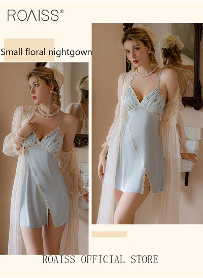 اشتري 2-Piece Set of Women Pajamas with V-Neck Design Women Home Wear Set Same Color Outer Robe and Lace Element Nightgown في الامارات