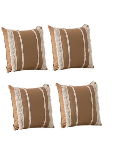 اشتري 4-Piece Bohemia Tassel Braid Pillow Cover/Throw Pillowcase/Sofa pillow Cover Canvas Material Brown/Beige 45 x 45 Centimeter في الامارات