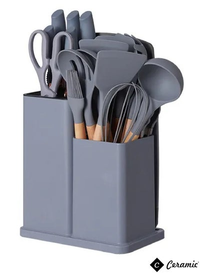 Buy Kitchen Utensils Set of 19 Silicone Cooking Utensils with Holder Non stick Cookware Friendly And Heat Resistant Grey in UAE