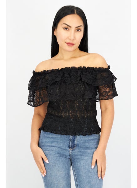 Buy Women Off Shoulder Short Sleeves Eyelet Blouse, Black in UAE