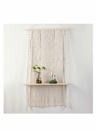 اشتري Macrame Wall Hanging Shelf, Wall Hanging Shelf Woven Home Organizer Decor, White Handmade Wood Boho Rope Plant Pot Basket Hanger Holder, Cotton Rope Plant Hanger for Home Wall Decor في السعودية