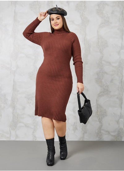 Buy Turtle Neck Ribbed Knit Sweater Dress in Saudi Arabia