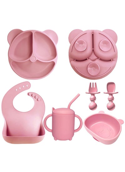 Buy Baby Feeding Set 6-Piece Includes Suction Bowl and Plate, Baby Spoon and Fork, Sippy Cup with Straw and Lid -Pink in Saudi Arabia