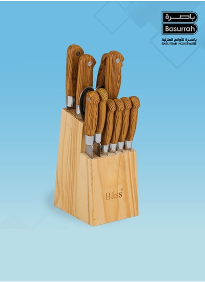 Buy 14 Piece Wooden Kitchen Knife Set with Scissors and Stand in Saudi Arabia