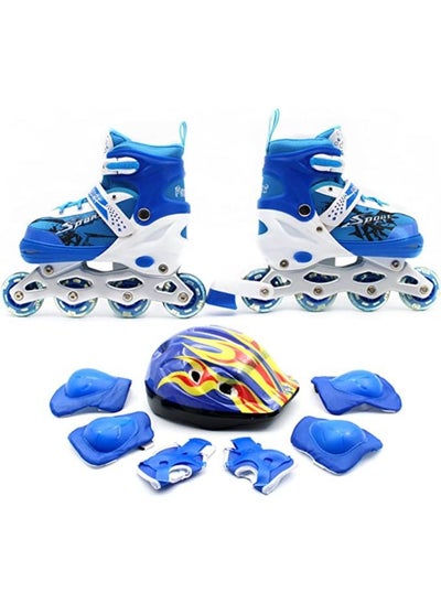 Buy Inline Skates Adjustable Size Roller Skates with Flashing Wheels for Outdoor Indoor Children Skate Shoes Including Full Protective Gear Set Blue Colour in UAE