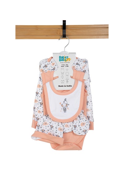 Buy BabiesBasic 7 piece unisex 100% cotton Set include bib, socks, mitten, cap, romper, top and bottom set, Peach in UAE