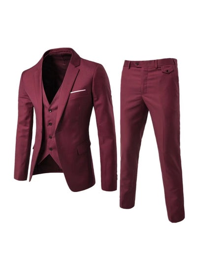 Buy Set Of 3 Pieces Men Lapel V-Neck Suit And Vest And Pants Slim Solid Color Wedding Groom Formal Outfit Burgundy Red in Saudi Arabia