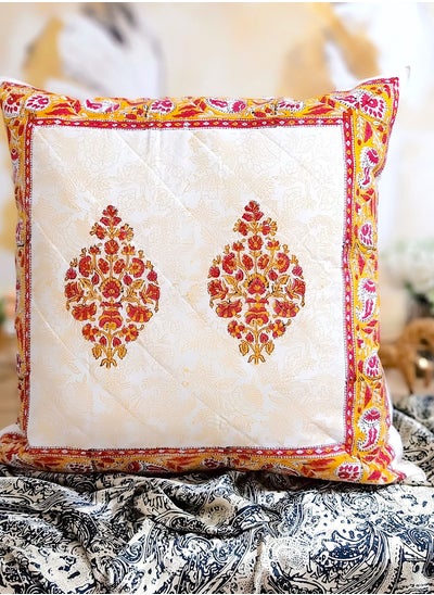 Buy Red and Yellow Premium Organic Cotton Hand Printed Cushion Cover 65 Cm x 65 Cm in UAE