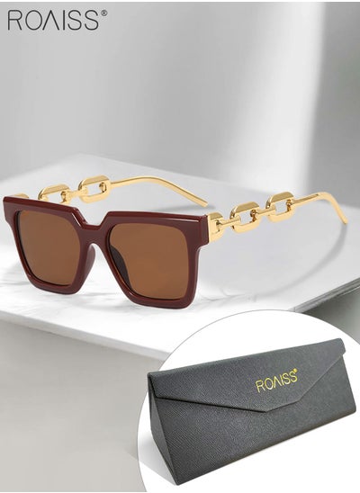 Buy Women's Square Sunglasses, UV400 Protection Sun Glasses with Stylish Gold Chain Temples, Fashion Anti-glare Sun Shades for Women with Glasses Case, 54mm, Dark Brown in UAE