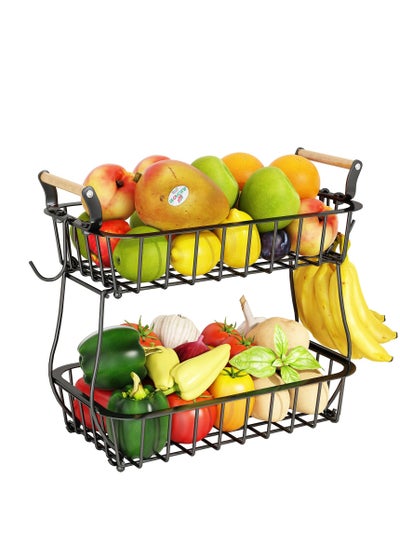 Buy 2 Tier Fruit Basket with 2 Banana Hangers, Countertop Fruit Vegetable Basket Bowl for Kitchen Counter Metal Mesh Basket Fruits Stand Produce Holder Organizer for Onion Potato Bread Snack Veggie in UAE