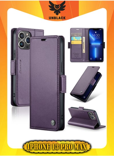 Buy Flip Wallet Case For Apple iPhone 13 Pro Max, [RFID Blocking] PU Leather Wallet Flip Folio Case with Card Holder Kickstand Shockproof Phone Cover (Purple) in UAE