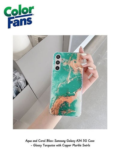 Buy Aqua and Coral Bliss: Samsung Galaxy A34 5G Case - Glossy Turquoise with Copper Marble Swirls in UAE