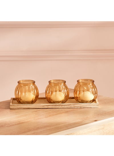 اشتري Den Glass 3-Piece Candle Holder Set with Wooden Tray 29 x 1.5 x 10 cm في الامارات