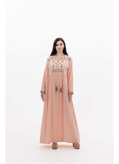 اشتري LONG VISCOSE PEACH COLOUR SIMPLE ELEGANT ARABIC KAFTAN JALABIYA DRESS في الامارات