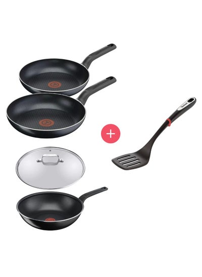 اشتري Tefal Issencia Pan Set 5 Pieces 28/32cm fry pan + 28cm Wok Pan Non Stick Frying Pan With Glass lid 28cm and Slotted Spatula Integrated Thermo Spot Temperature Control Ergonomic Thermoplastic Handle في الامارات