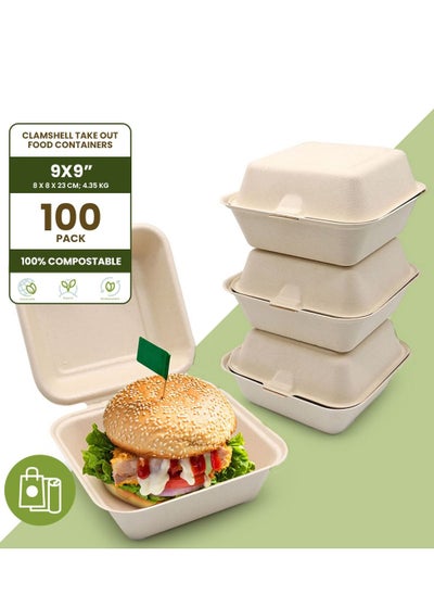 Buy Ecoway 9 Inch Food Box Container Made With Bagasse Sugar Cane Fibers For Meals & Dessert, Take Away Container, Disposable, Eco-friendly, Compostable, Restaurants - Pack Of 100, White in UAE