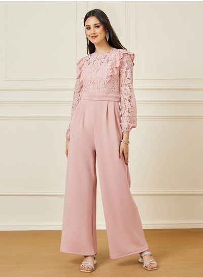 Buy Lace Insert Ruffled Wide Leg Jumpsuit in Saudi Arabia