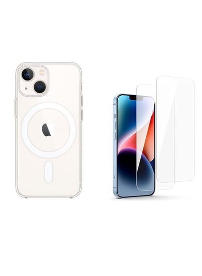 Buy iPhone 13 mini  case clear Magsafe slim protective case with anti-yellowing and anti-bumping clear magnetic cover including 2 tempered glass screen protectors in UAE