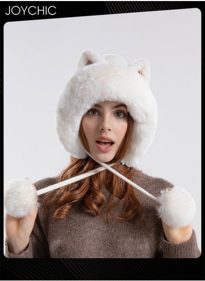 Buy Winter Lovely Knitted Hat for Women Cartoon Cat Ears Design Ear Protection Thickened Warm Hat Outdoor Windproof in UAE