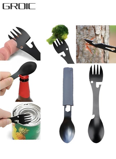 اشتري 2 Packs Multi-functional Camping ForkSpoon Set Stainless Steel Functional Camping Spoon Fork Bottle Opener Portable Open Can Multifunctional Tool for Camping Hiking Picnic في الامارات