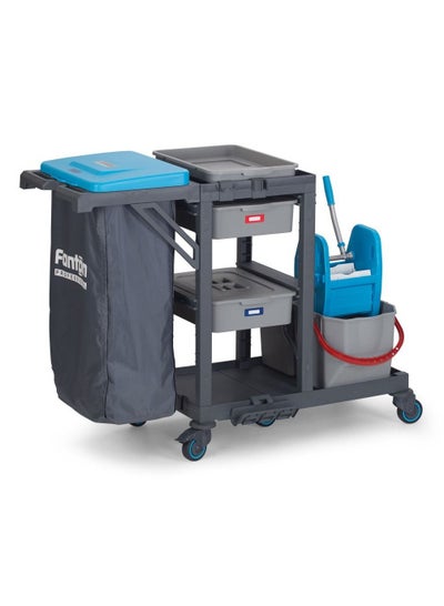 Buy Cleaning Trolley PROCART 315 - Includes 2x 25-liter mop buckets, 1x wringer, 120-liter waste bag, 2 drawers, and 2 shelves. in Saudi Arabia