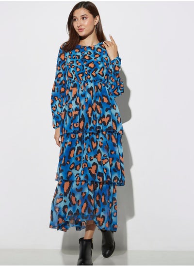 Buy Crew Neck Printed Tiered Dress in UAE