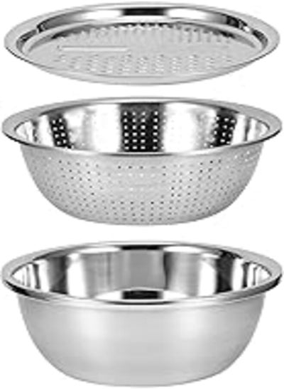 اشتري Stainless Steel Rice Washing Bowl,Multi?Function 3 In 1 Colanders Basin,Kitchen Grater Set Bowl Grater Strainer for Rice Salad Maker, Multi?Function 3 In 1 Colanders Basin,Stainless StKitchen Gra في مصر