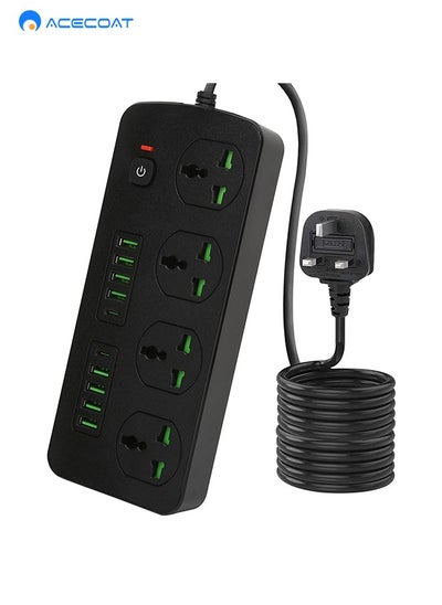 Buy Universal Extension Lead - UK Plug Socket Outlet with 4 AC Outlets & 2 USB-C Ports and 8USB Ports, and Overload Protection | 2M Electric Socket Mains Strip for Home, kitchen, Travel & Office(Black) in Saudi Arabia