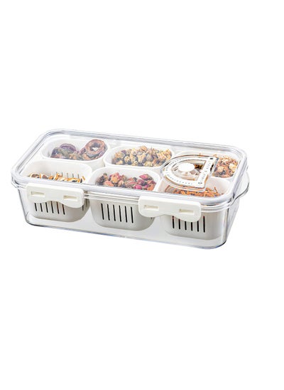 اشتري Divided Food Serving Tray with Lids - Stackable Snack Box for Candy, Nuts, Spices, Fruits & Veggies - Includes 6 Small Dividers - Plastic Storage Bins for Fridge, Pantry, and Freezer في الامارات