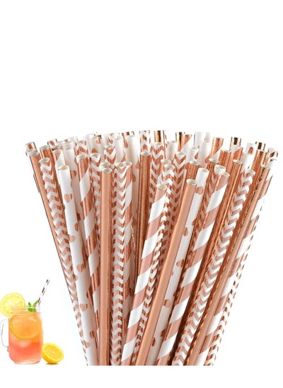 اشتري Biodegradable Rose Gold Paper Straws Bulk, Metallic Foil Striped Wave Heart Straws for Birthday, Wedding, Bridal Baby Shower, Celebrations and Party Supplies, Pack of 100 في الامارات