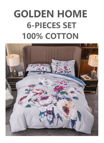 Buy 6-Piece King Size Printed Cotton Duvet Cover Set Includes 1xFitted Bedsheet 200x200+30cm, 1xDuvet/Bed Cover 220x240 cm, 4xPillow cover 50x75cm Multicolour in UAE