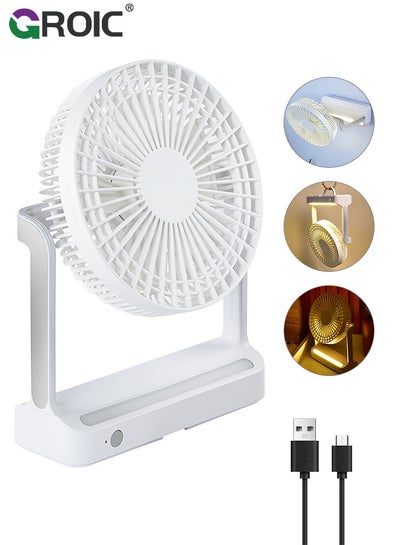 Buy 6 inch 2400mAh Camping Fan with LED Lantern and Hook, Rechargeable Battery USB Fan with 3 Speeds 350°Head Rotation, Desk Table Fan for Outdoor Tent Travel Picnic in UAE