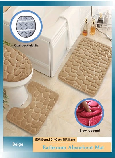 Buy 3-Piece Bathroom Rugs Sets  Toilet U-shaped Toilet Mat Set  Non Slip Bath Mats for Bathroom Water Absorbent Washable Bath Rugs for Tub, Toilet and Floor (Beige) in Saudi Arabia