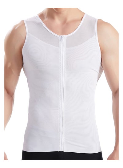 Buy Men Compression Vest Slimming Body Shaper Vest Tummy Control Shapewear with Zipper, White-L in UAE